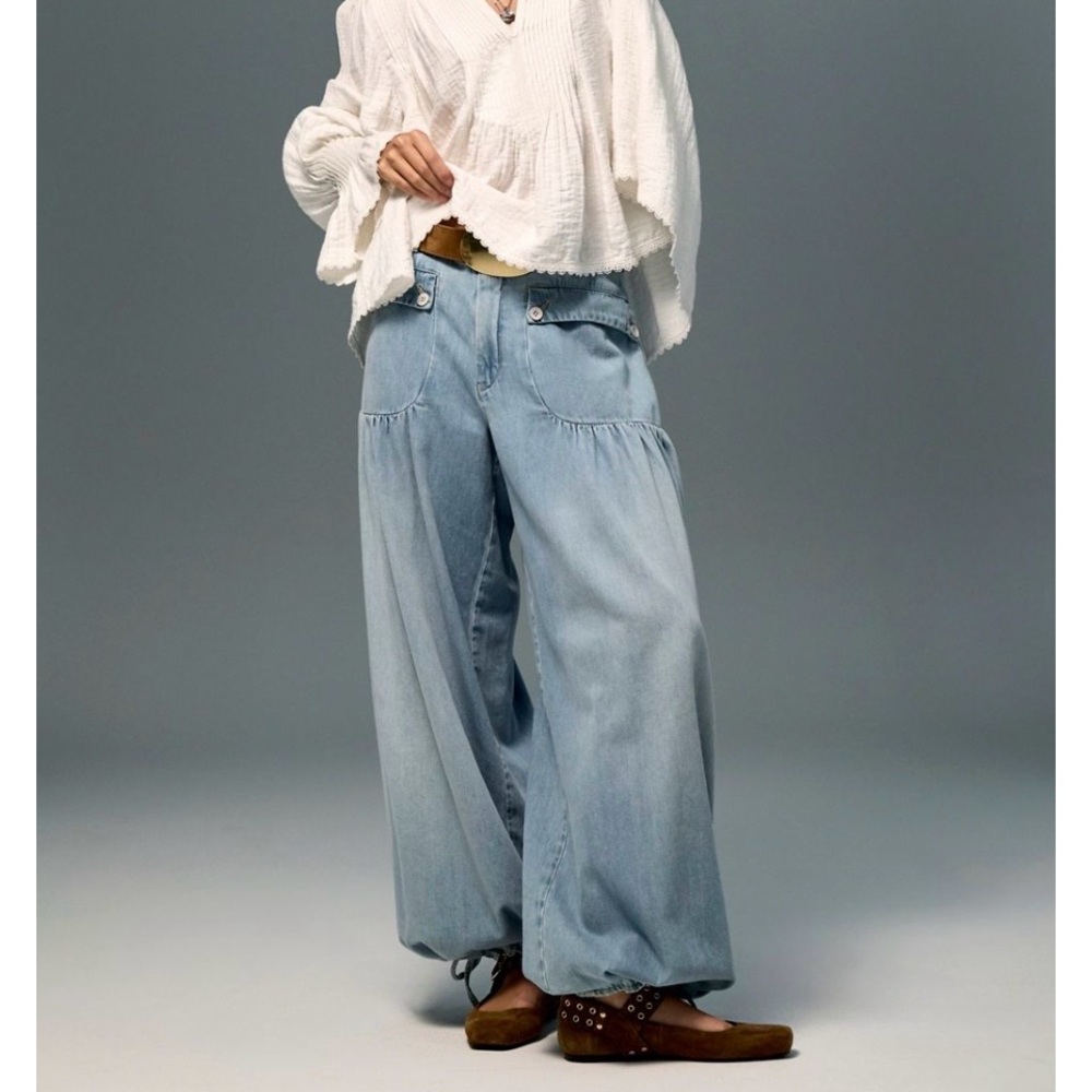 Free People Light Blue Wide Leg Utility Jeans